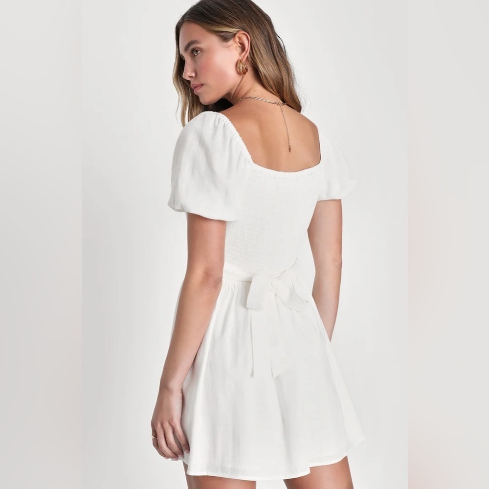 LULUS Effortlessly Endearing White Puff Sleeve Smocked Mini Dress S in Ivory - Picture 4 of 16